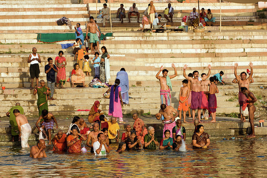 Sunrise Praying in River Ganges Photograph by Aivar Mikko