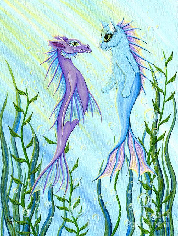 Sunrise Swim - Sea Dragon Mermaid Cat Painting by Carrie Hawks