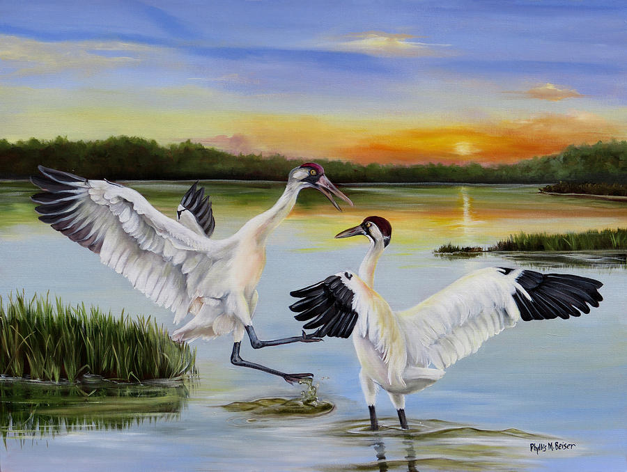 Sunrise Whooping Cranes Painting by Phyllis Beiser