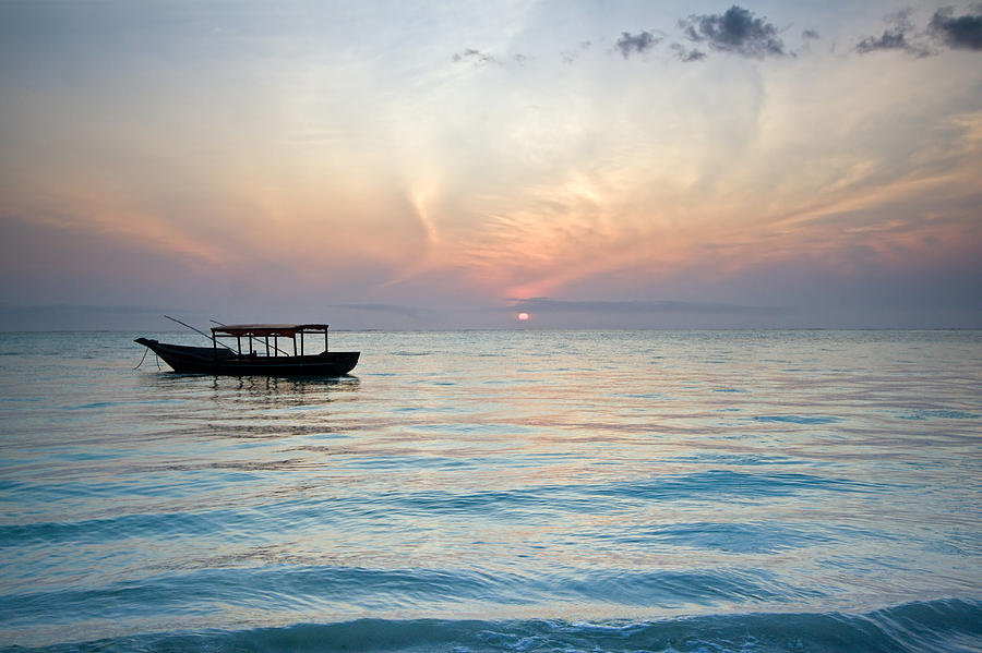Sunrise with Boat, Zanzibar Photograph by Aivar Mikko