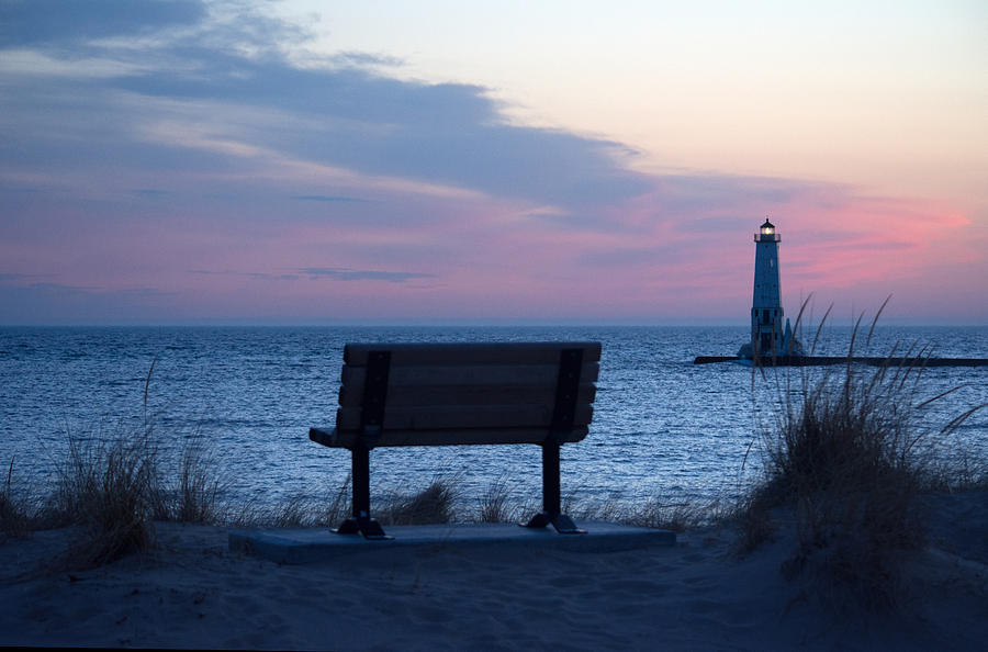 Lake Michigan Photograph - Sunset and Bench by Linda Kerkau