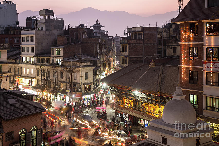 Sunset and light trails in the heart of Kathmandu old town in Ne Photograph by Didier Marti