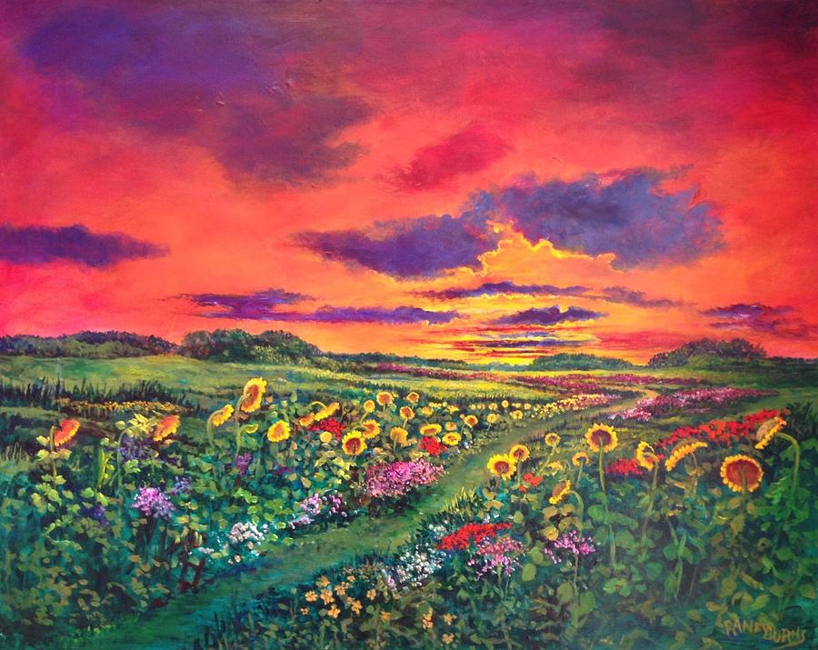 Sunset and Sunflowers Painting by Rand Burns