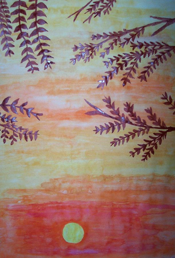 Sunset Painting - Sunset And Tree Leaves by Rashmi Kemnaik Sunset Painting - Sunset And Tree Leaves by Rashmi Kemnaik