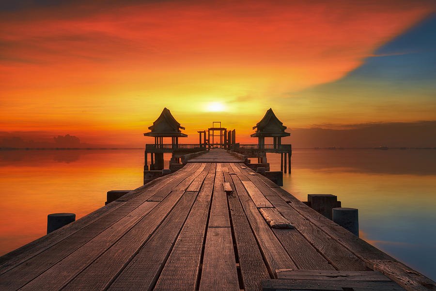 Sunset And Wooded Bridge Photograph by Anek Suwannaphoom