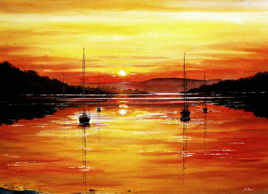 Watery Sunset at Bala Lake #2 Painting by Andrew Read