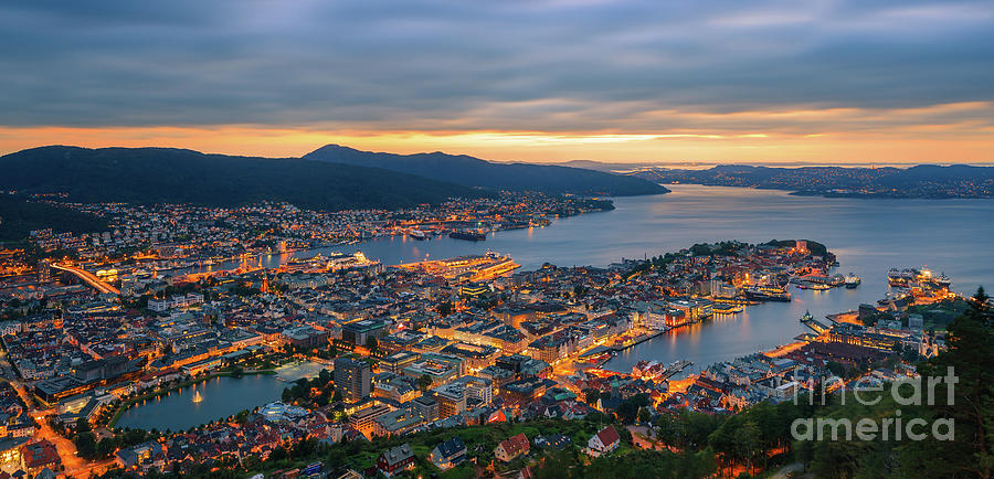 Sunset at Bergen as seen from Mount Floyen, Norway. Photograph by Henk Meijer Photography
