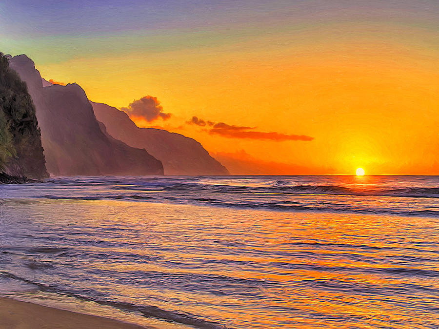 Sunset at Kee Beach Kauai Painting by Dominic Piperata