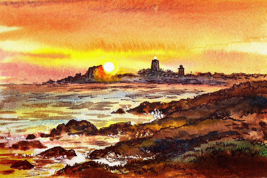 Sunset At Lighthouse Piedras Blancas  Painting by Irina Sztukowski
