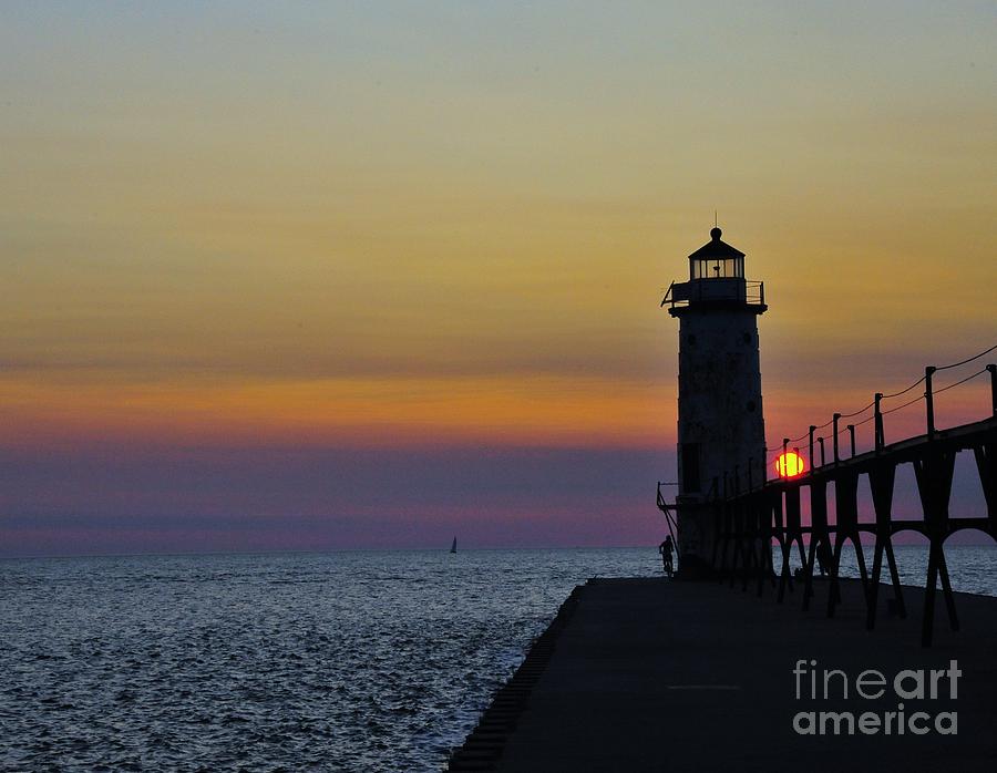 Sunset at Manistee North Pierhead Lighthouse Photograph by Terri Gostola