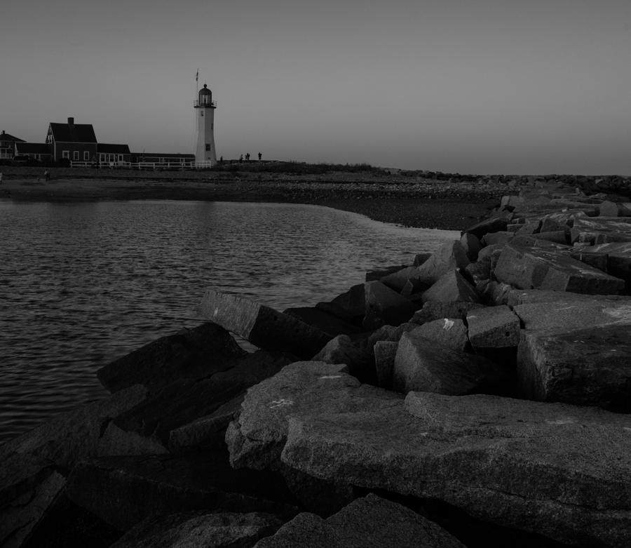 Sunset at Old Scituate Lighthouse in Black and White Photograph by Brian MacLean