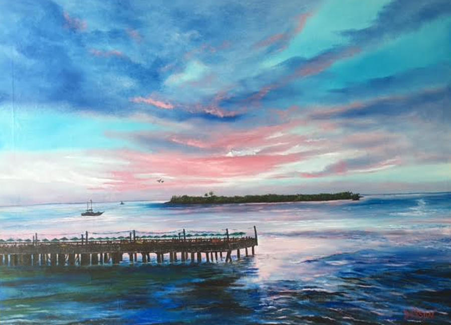 Sunset At Sunset Pier Tiki Bar Key West Painting by Lloyd Dobson