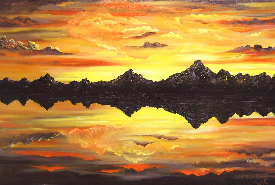 Sunset Painting - Sunset at the Grand Tetons by Connie Tom