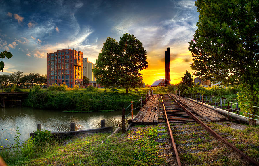 Sunset Photograph - Sunset at The Imperial Sugar Factory Smoke Stacks Early Stage Landscape by Micah Goff