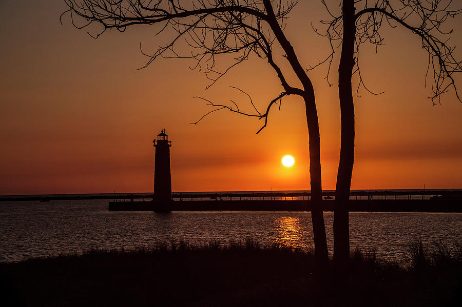 Sunset at the Lighthouse in Muskegon Michigan Photograph by Randall Nyhof