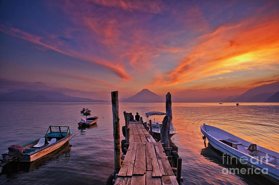 Sunset at the Panajachel Pier on Lake Atitlan, Guatemala Photograph by Sam Antonio