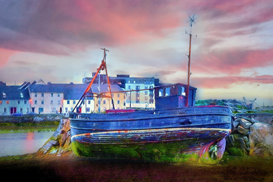 Sunset at the Port in Galway Painting Photograph by Debra and Dave Vanderlaan