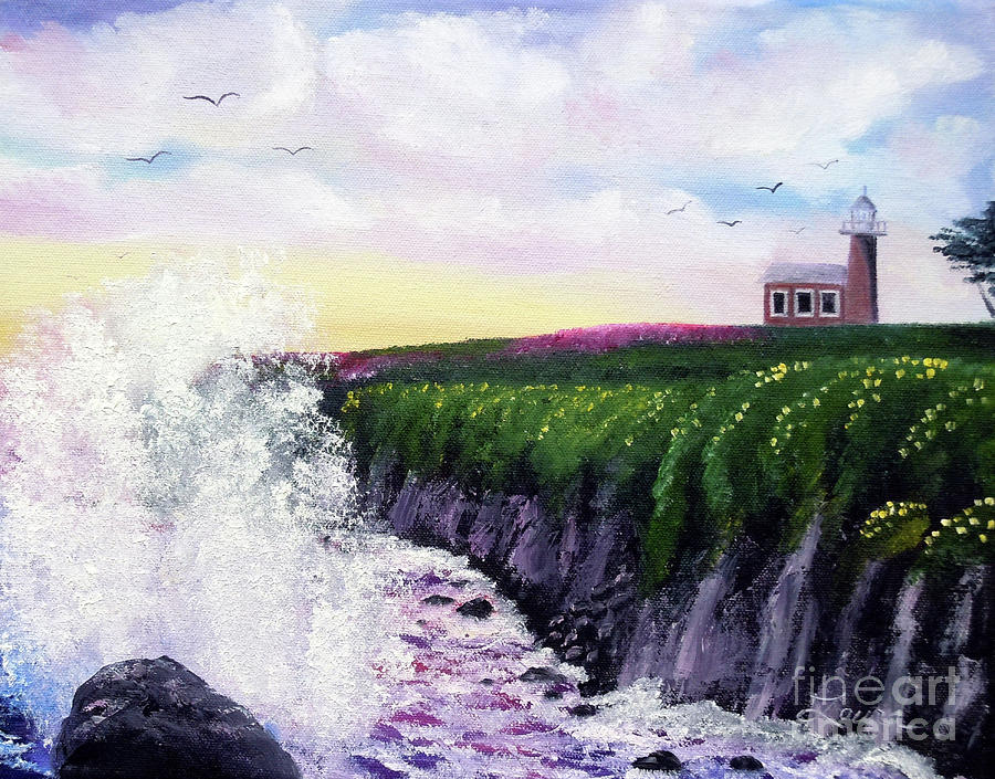 Sunset at the Santa Cruz Lighthouse Painting by Laura Iverson