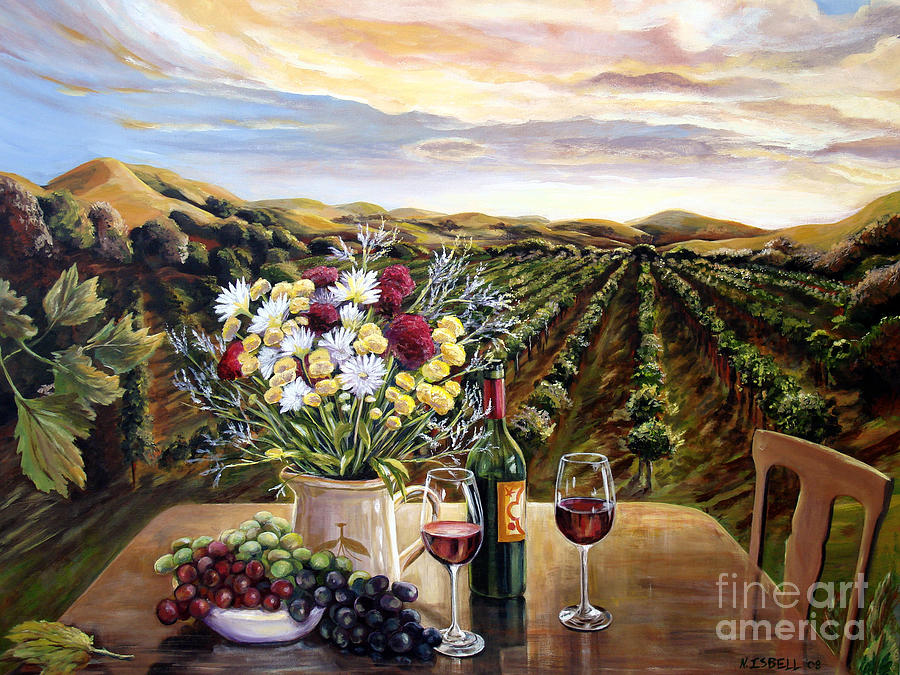 Sunset at the Vineyards Painting by Nancy Isbell