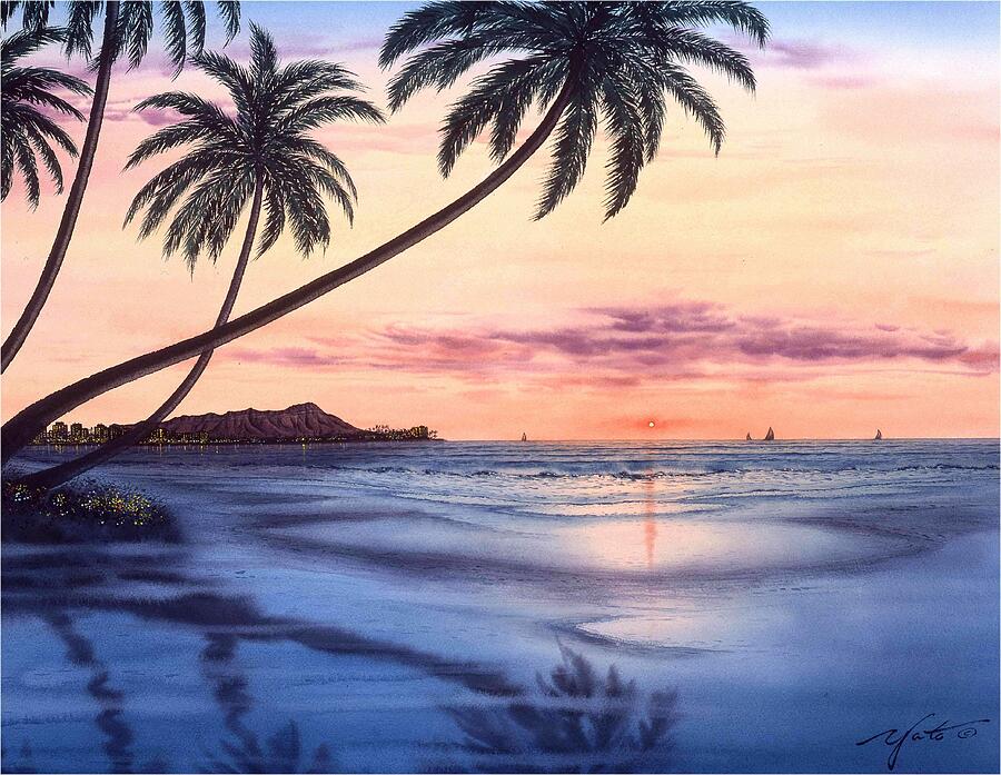 Diamond Head Painting - Sunset At Waikiki Beach by John YATO