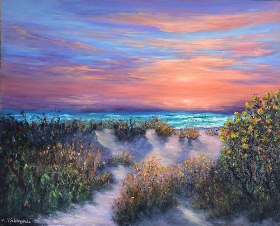 Sunset Beach Painting With Walking Path And Sand Dunesand Blue