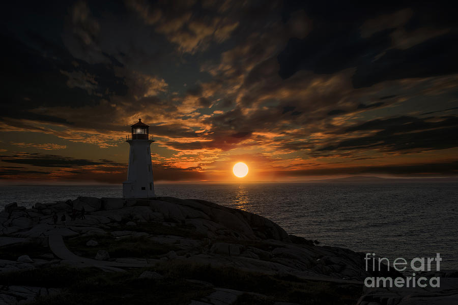 Sunset behind lighthouse at Peggys Cove Nova Scotia Photograph by Dan Friend