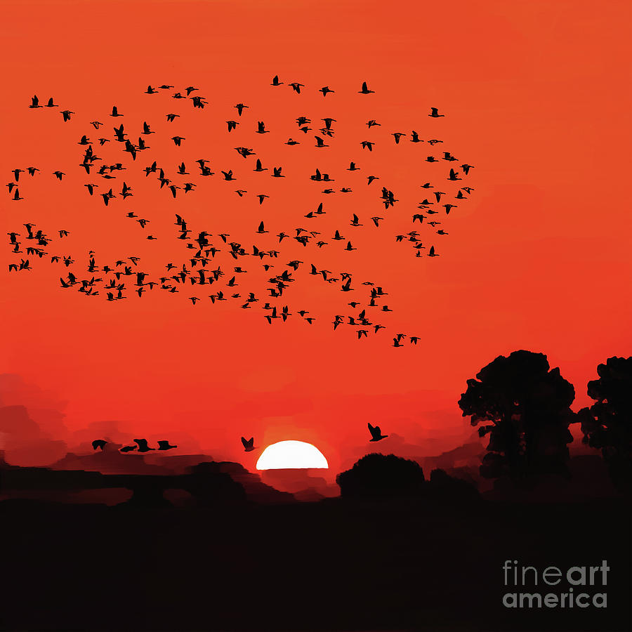 Sunset birds flying 03 Painting by Gull G