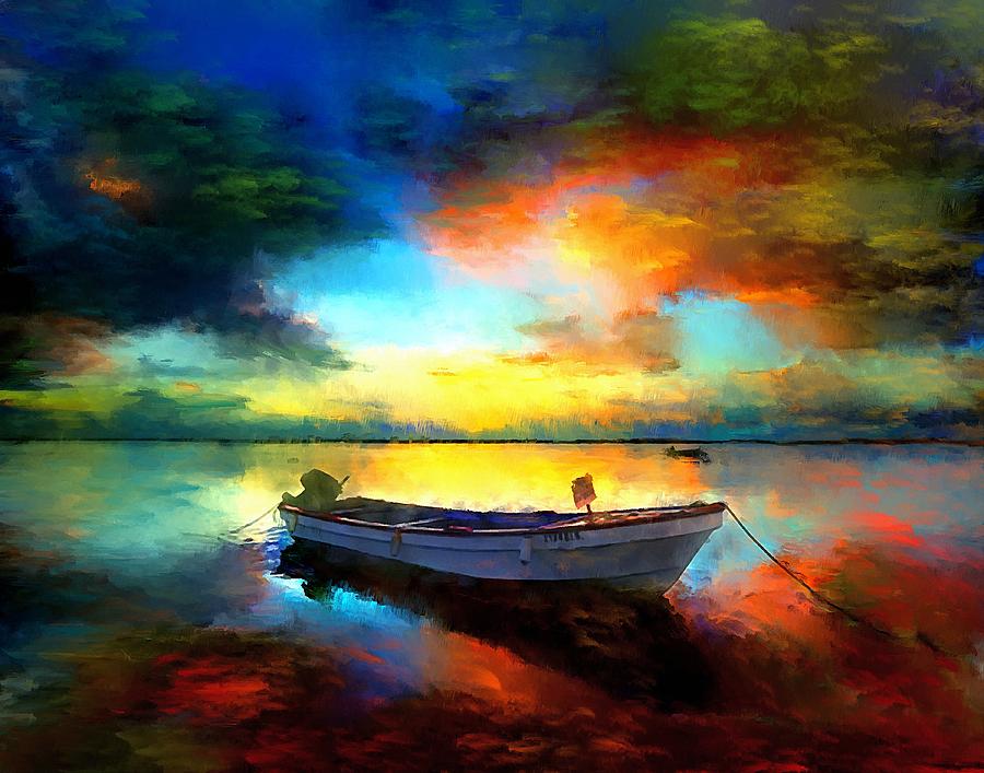 Sunset Boat Landscape Artwork Painting Painting by Andres 