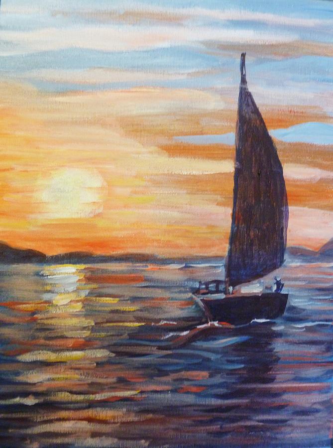 Sunset boat Painting by Saga Sabin