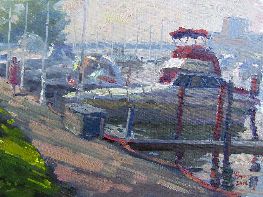 Sunset by the Boats Painting by Ylli Haruni