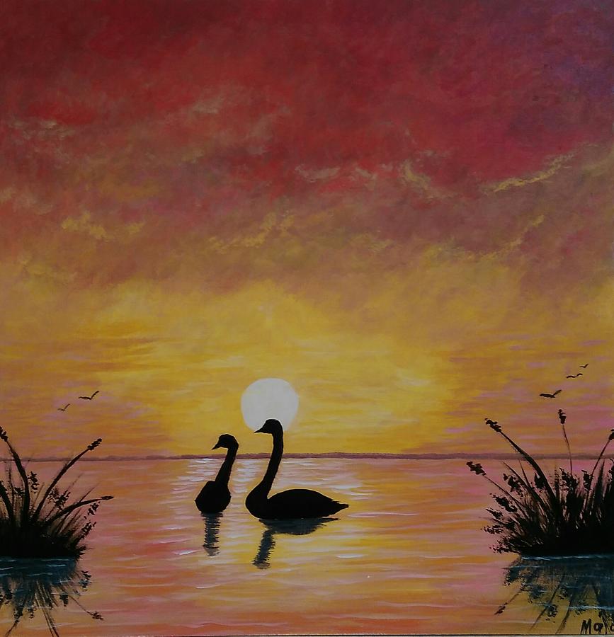 Swans on Lake at Sunset, Hand Painted, Acrylic on Canvas, 16x20