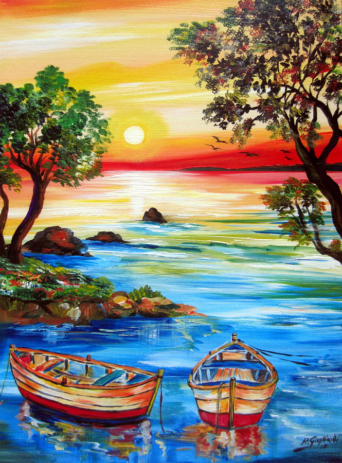 Sunset By The Lake With Boats Painting by Roberto Gagliardi