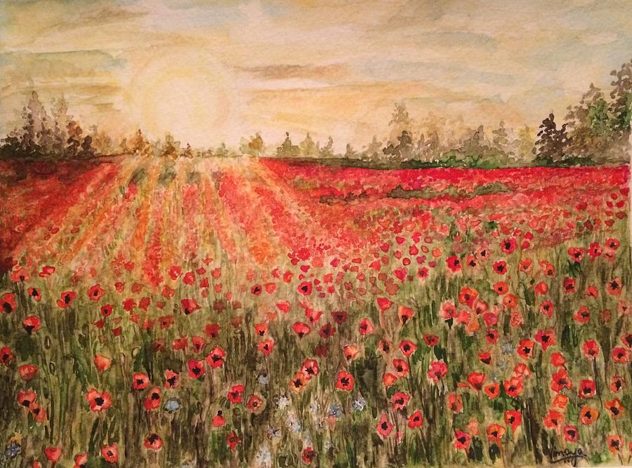 Sunset Painting - Sunset by the poppy fields by Vinaya Kini