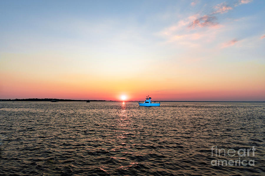 Sunset Fishing Boat off Dewey Destin Fl Pier 1208A Photograph by Ricardos Creations