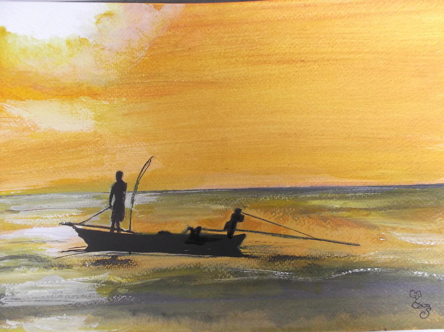 Sunset fishing Painting by Carole Robins
