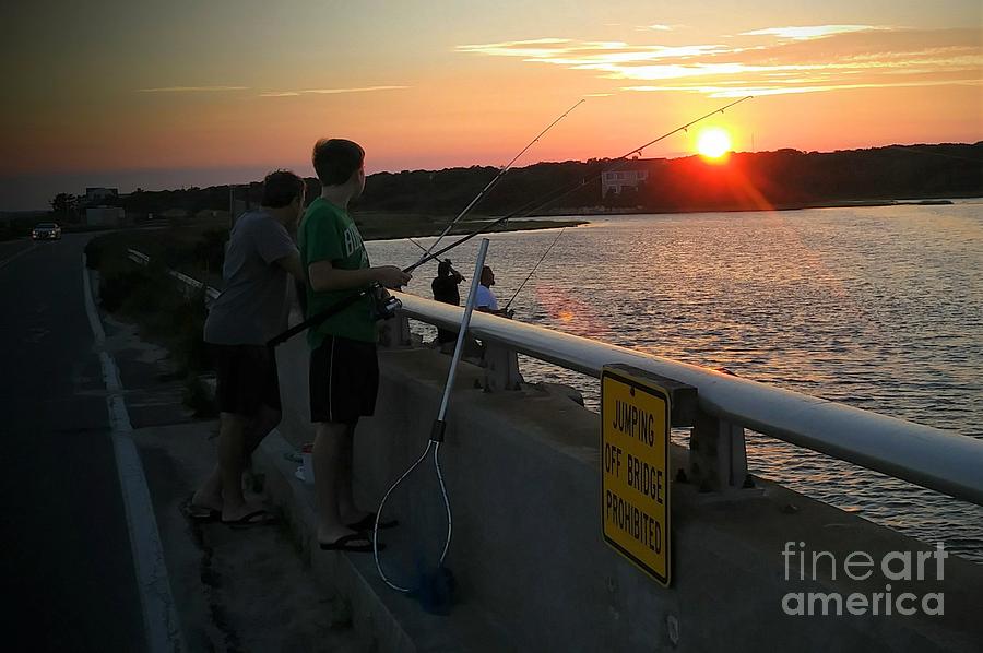 Sunset Fishing Off the Bridge Painting by Rita Brown