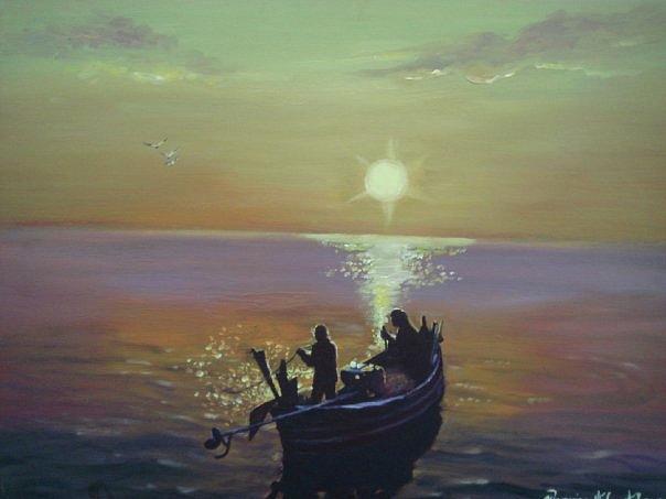 Sunset Fishing Painting by Wanvisa Klawklean