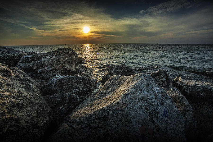 Sunset from the Channel Breakwater Rocks Photograph by Randall Nyhof
