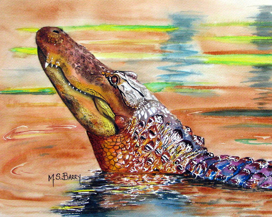 Sunset Gator Painting by Maria Barry