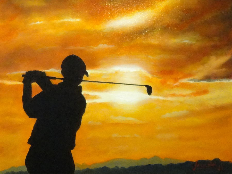 Sunset Golfer2 Painting by Charles Vaughn