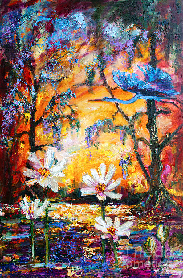 Sunset Heron Over Lotus Pond Painting by Ginette Callaway