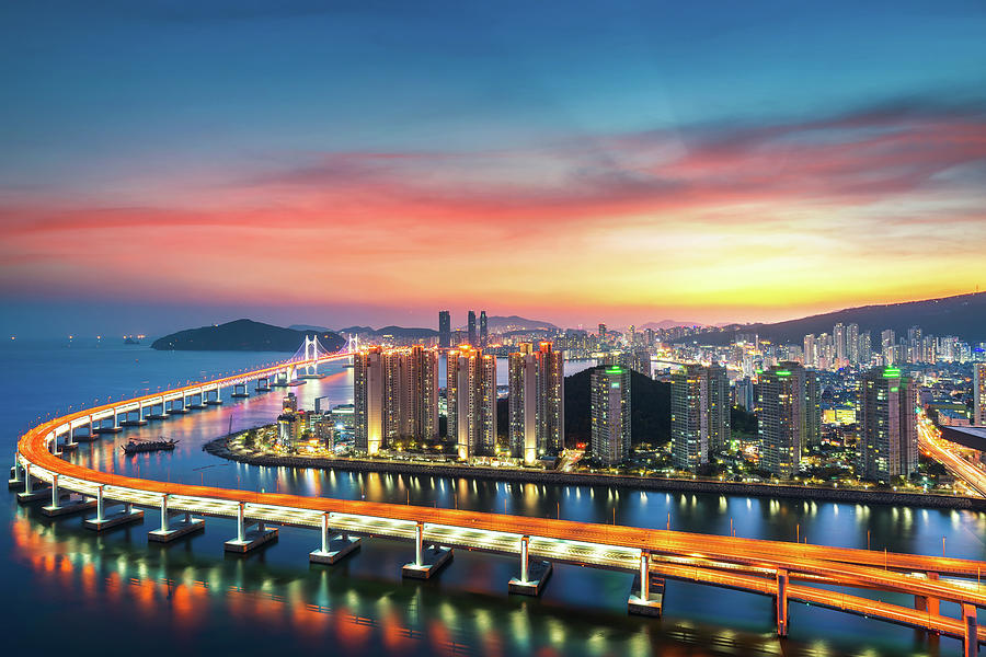 Sunset in Busan city with building Photograph by Anek Suwannaphoom