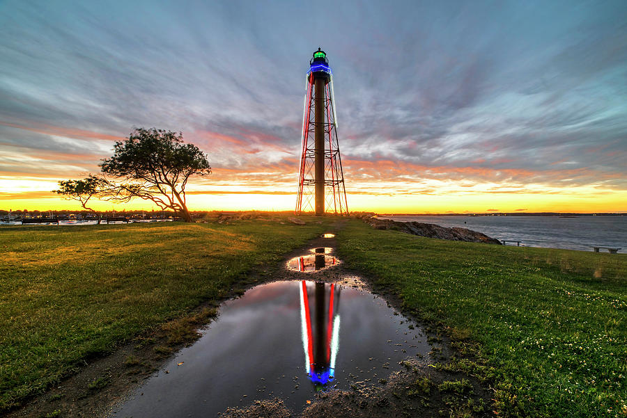 Sunset in Chandler Hovey Park Marblehead Light Tower Reflection Photograph by Toby McGuire