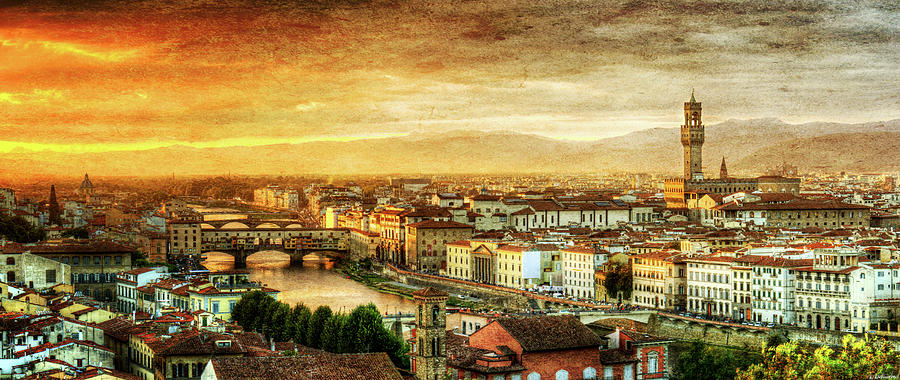 Sunset in Florence duet 1 - Ponte Vecchio and Palazzo Vecchio - vintage version Photograph by Weston Westmoreland