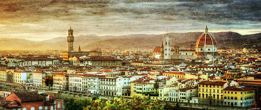Sunset in Florence duet 2 - Palazzo Vecchio and Duomo - Vintage version Photograph by Weston Westmoreland