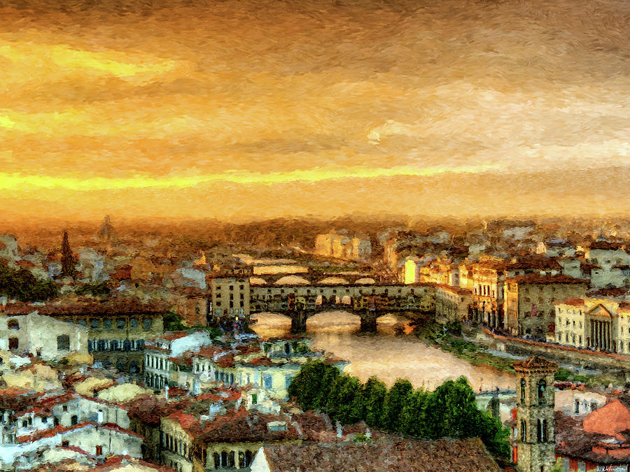 Sunset in Florence Triptych 1 - Ponte Vecchio - Painting Digital Art by Weston Westmoreland
