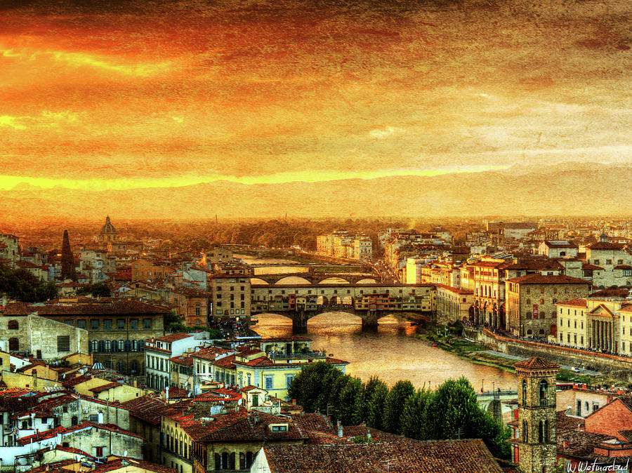 Sunset in Florence Triptych 1 - Ponte Vecchio - Vintage version Photograph by Weston Westmoreland
