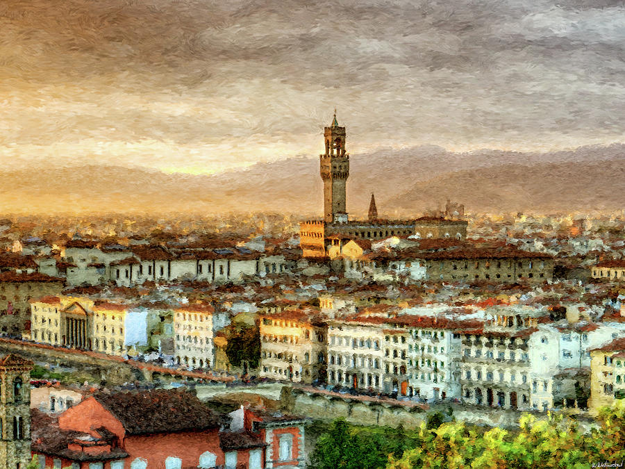 Sunset in Florence Triptych 2 - Palazzo Vecchio - Painting Digital Art by Weston Westmoreland