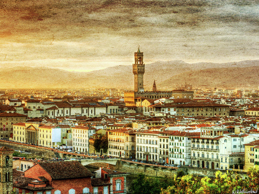 Sunset in Florence Triptych 2 - Palazzo Vecchio - Vintage version Photograph by Weston Westmoreland