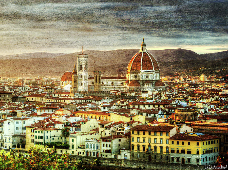 Sunset in Florence Triptych 3 - Duomo - Vintage version Photograph by Weston Westmoreland